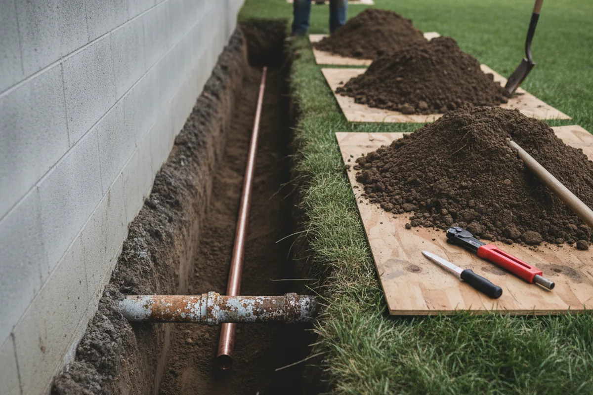 Excavated water line trench during Sewer Line Repair in Clayton
